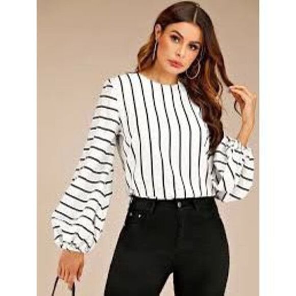 H&M Striped Bishop Long Sleeve Keyhole Button Back Blouse White Large - Picture 1 of 3